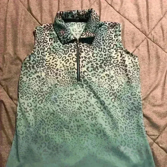 Kate Lord Teal Ombre Leopard Print Quarter Zip Athletic Performance Tank Small‎ - Picture 1 of 4
